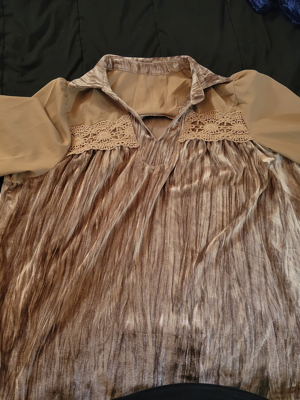 Women's Tan Velvet Blouse with Lace Yoke